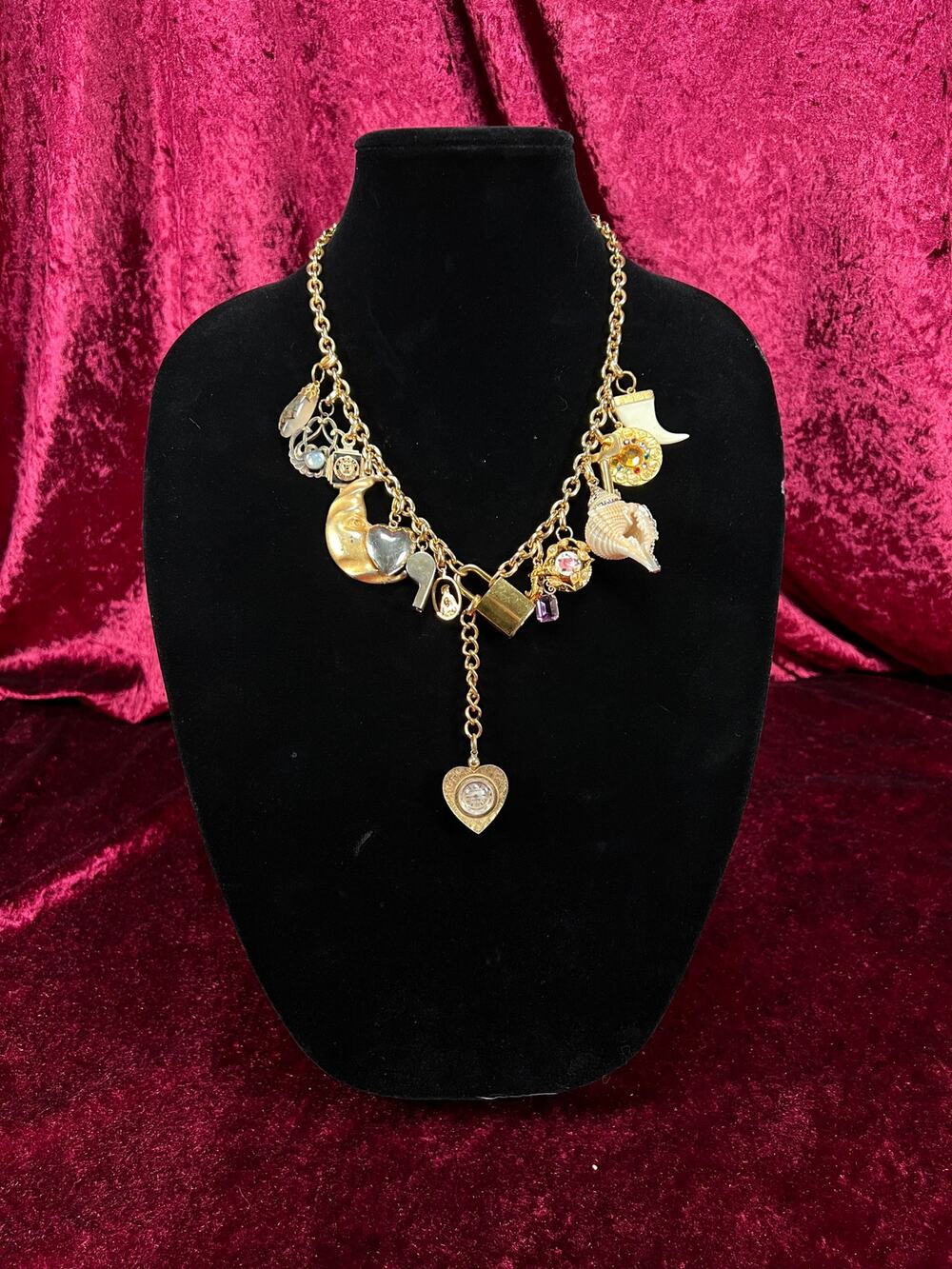 Vintage Gold Tone Trinket Charm Necklace - Eclectic Keepsake Statement Piece